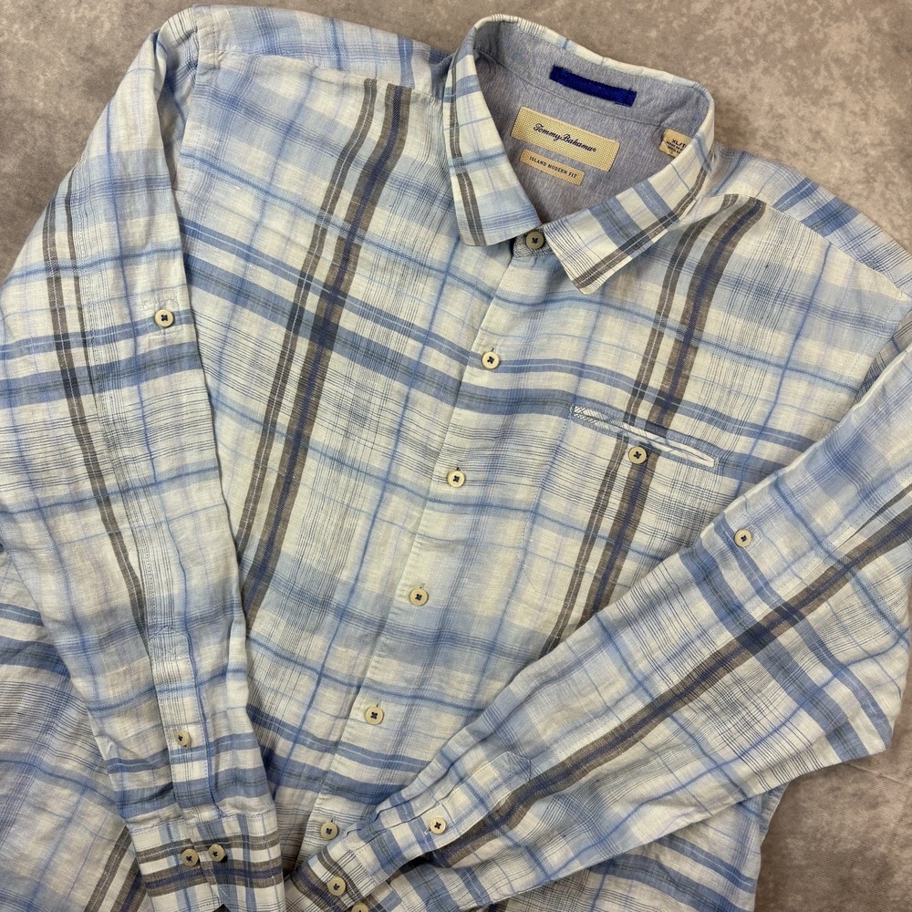Tommy‎ Bahama Button Up Shirt Mens XL Blue Plaid 100% Linen Island Modern Fit